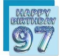 Stuff4 Carte d'anniversaire de 97 ans pour homme - Ballon de fête bleu à paillettes - Cartes d'anniversaire pour homme de 97 ans, arrière-grand-père, grand-père, grand-père, grand-père, grand-père,