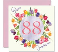 Stuff4 Carte d'anniversaire pour femme de 88 ans - Bouquet de fleurs de tulipes aquarelle - Cartes de joyeux anniversaire pour femme de 88 ans, maman, arrière-grand-mère, grand-mère, 145 mm