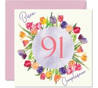 Stuff4 Carte d'anniversaire pour femme de 91 ans - Bouquet de fleurs de tulipes aquarelle - Cartes de joyeux anniversaire pour femme de 91 ans, maman, arrière-grand-mère, grand-mère, 145 mm