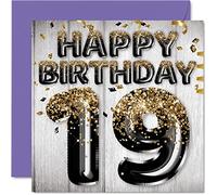 Carte d'anniversaire pour homme - Ballons noirs et dorés à paillettes - Cartes d'anniversaire pour homme de 19 ans fils frère oncle cousin 145mm - Cartes de vœux pour dix-neuve anniversaire