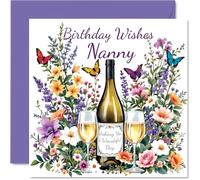 Stuff4 Carte d'anniversaire pour nounou - Fleurs et vin - Carte d'anniversaire pour grand-mère de la part de petit-fils et petite-fille, 14 cm, cartes de vœux d'anniversaire avec fleurs et vin