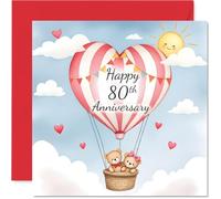 Stuff4 Carte de 80e anniversaire pour homme et femme - Ours d'amour en montgolfière - Carte d'anniversaire de 80 ans pour partenaire, mari, compagnon, épouse, cartes de vœux d'anniversaire de mariage