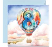 Stuff4 Carte de 8e anniversaire pour garçons et filles, carte de joyeux anniversaire en montgolfière, garçon de 8 ans, fille, cartes de huitième anniversaire pour lui, elle, 145 mm x 145 mm, cartes d