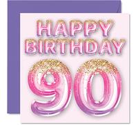 Carte de 90e anniversaire pour femme - Ballons à paillettes roses et violettes - Cartes d'anniversaire pour femme de 90 ans maman grand-mère