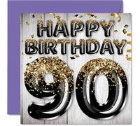 Stuff4 Carte de 90e anniversaire pour homme - Ballons à paillettes noirs et dorés - Cartes d'anniversaire pour homme de 90 ans, papa, grand-père