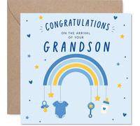 Stuff4 Carte de naissance pour nouveaux grands-parents - Bienvenue chez Grandparenthood - Arc-en-ciel joyeux et icônes de bébé sur bleu doux - Carré de 14 cm, enveloppe incluse