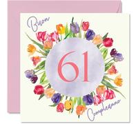 Stuff4 Carte de vœux pour 61e anniversaire pour femme - Bouquet de fleurs de tulipes aquarelle - Cartes de joyeux 61e anniversaire pour femme de 61 ans, maman, grand-mère, tante, 145 mm