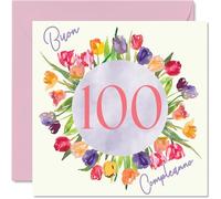 Stuff4 Carte vœux 100e anniversaire pour filles - Bouquet fleurs tulipes aquarelle - Cartes joyeux anniversaire pour fille 100 ans, fille, sœur, petite-fille, cousine, 145 mm, 100e anniversaire