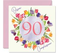 Stuff4 Carte vœux 90e anniversaire femme - Bouquet fleurs tulipes aquarelle - Cartes joyeux anniversaire femme 90 ans, arrière-grand-mère, grand-mère, 145 mm, quatre-vingt-dix-neuvième anniversaire