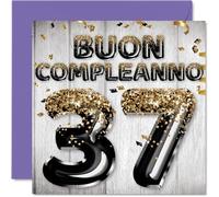 Stuff4 Carte vœux pour 37e anniversaire pour homme - Ballons à paillettes noires dorées - Cartes joyeux 37e anniversaire pour homme 37 ans, fils, frère, oncle, 145 mm, trente-septième anniversaire