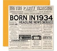 Stuff4 Cartes d'anniversaire 90 ans pour homme et femme - Journal Born In 1934 - Carte d'anniversaire pour grand-père, grand-mère, grand-mère, grand-mère, vintage rétro Back In 1934, 145 mm x 145 mm