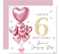 Stuff4 Cartes d'anniversaire de 6 ans pour filles - Ballons roses à paillettes - Carte d'anniversaire pour fille de 6 ans, arrière-nièce, filleule, petite-fille, cartes de vœux d'anniversaire de 14 cm