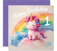 Stuff4 Cartes de 1er anniversaire pour filles - Licorne dans les nuages - Carte d'anniversaire pour fille de 1 an, filleule, sœur, belle-fille, petite-fille, cartes de vœux d'anniversaire de 14 cm