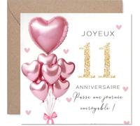 Stuff4 Douce Carte d'Anniversaire 11 Ans - Ambiance Festive et Pleine de Joie - Ballons en Forme de Cœur Rose et Grand Chiffre Doré 11-145 mm Carré, Enveloppe Incluse