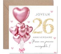 Stuff4 Douce Carte d'Anniversaire 26 Ans - Ambiance Festive et Joyeuse - Ballons en Forme de Cœur et Touches Dorées - Pour une 26e Bougie Mémorable - 145 mm Carré, Enveloppe Incluse