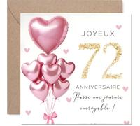 Stuff4 Douce Carte d'Anniversaire 72 Ans - Ambiance Festive et Chaleureuse - Ballons en Forme de Cœur Ornés d'Accents Dorés - 145 mm Carré, Enveloppe Incluse