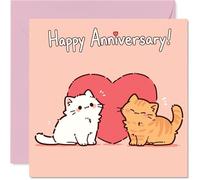 Stuff4 Jolie carte d'anniversaire - Adorables vœux d'anniversaire - Deux chats mignons de dessin animé avec un grand cœur sur rose pâle - Ne manqueront pas de charmer votre moitié - Carré de 14 cm