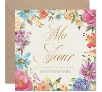 Stuff4 Sincère Carte d'Anniversaire pour Sœur - Tendresse et Sourire - Motif de Fleurs Colorées, Message Chaleureux pour une Sœur Unique - 145 mm Carré, Enveloppe Incluse