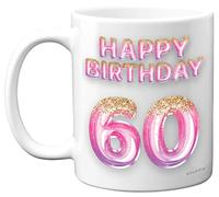 Stuff4 Tasse à café en céramique pour 60e anniversaire pour femme - Ballons à paillettes roses et violets - Tasse d'anniversaire pour 60 ans, sœur, grand-mère, 325 ml - Passe au lave-vaisselle