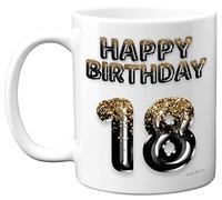 Stuff4 Tasse à café en céramique pour homme - Ballons noirs et dorés à paillettes - Tasse d'anniversaire pour fils de 18 ans, frère, petit-fils, cousin, ami, 325 ml - Passe au lave-vaisselle