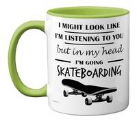 Stuff4 Tasse « In My Head » - Cadeau amusant pour les amateurs de skateboard - 325 ml - En céramique de qualité supérieure - Passe au lave-vaisselle - Tasse fantaisie avec poignée verte