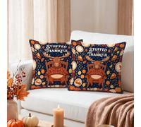 Stuffed and Thankful Lot de 2 housses de coussin avec citation élan 40,6 x | Feuillage d'automne, taies d'oreiller, tranches de tarte de citrouilles, chaise en bois rustique, élan confortable
