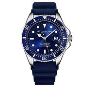 Stuhrling Montre de plongée Original pour Homme boîtier argenté de 42 mm avec Couronne vissée Bracelet en Caoutchouc étanche jusqu'à 100 m Bleu