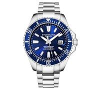 Stuhrling Montre de plongée Original pour Homme, modèle Pro Diver, boîtier de 42 mm, Cadran Bleu, Bracelet en Acier Inoxydable argenté.