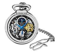 Stuhrling Montre de poche automatique originale pour homme - Cadran squelette - Mouvement mécanique avec chaîne en acier inoxydable - Double heure AM/PM - Soleil Lune subdial - Argent, argenté