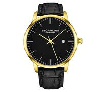 Stuhrling Montre Homme Original, Bracelet en Cuir de Veau Noir, Montre-Bracelet Classique, Cadran analogique Minimaliste avec Date