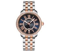 Stuhrling Original Celestia 4080 Montre à quartz pour femme 38 mm - Lunette en cristal, cadran soleil, chiffres romains, affichage de la date, bracelet en acier inoxydable, fermoir papillon, Bleu/or
