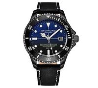 Stuhrling Original Depthmaster Montre de plongée automatique pour homme en acier inoxydable étanche jusqu'à 200 m 42 mm avec couronne vissée et bracelet en cuir véritable Bleu, bleu, Montre de plongée