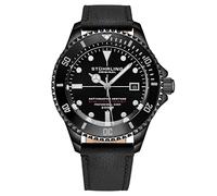 Stuhrling Original Depthmaster Montre de plongée automatique pour homme en acier inoxydable étanche jusqu'à 200 m 42 mm avec couronne vissée et bracelet en cuir véritable Noir, noir, Montre de plongée