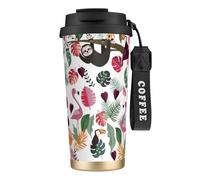 stujvc Gobelet isotherme en acier inoxydable 316 avec motif paresseux rose jungle tropicale, tasse de voyage, 500 ml, tasse pour boissons chaudes et froides, sangle de transport