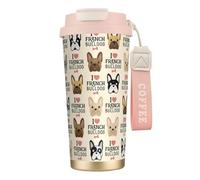 stujvc Tasse de voyage isotherme en acier inoxydable 316 avec inscription « I Love French Bulldog » - 500 ml - Avec sangle de transport