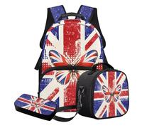 STUOARTE Ensemble cartable 3 en 1 pour adolescentes, filles, sac à dos d'école, léger avec trousse à crayons et boîte à déjeuner, Rouge et bleu - Papillon Union Jack, Ensemble cartable