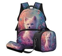 STUOARTE Ensemble cartable 3 pièces pour enfants avec trousse à crayons et boîte à déjeuner, sac à livres léger pour enfants, adolescentes et filles, Bleu et rose - Renard papillon, Ensemble cartable