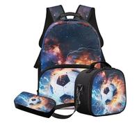 STUOARTE Ensemble cartable 3 pièces pour enfants, cartable et boîte à déjeuner avec trousse à crayons, cadeau de rentrée scolaire, Noir et bleu - Galaxy Fire Soccer, Ensemble cartable