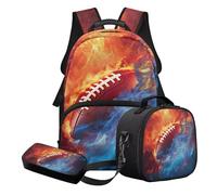 STUOARTE Ensemble cartable 3 pièces pour enfants, cartable et boîte à déjeuner avec trousse à crayons, cadeau de rentrée scolaire, Orange et bleu - Fire Rugby, Ensemble cartable