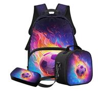 STUOARTE Ensemble cartable 3 pièces pour enfants, cartable et boîte à déjeuner avec trousse à crayons, cadeau de rentrée scolaire, Bleu et orange - Fire Soccer, Ensemble cartable