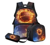 STUOARTE Ensemble cartable 3 pièces pour enfants, cartable et boîte à déjeuner avec trousse à crayons, cadeau de rentrée scolaire, Bleu et orange - Fire Basketball, Ensemble cartable