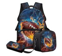 STUOARTE Ensemble cartable 3 pièces pour enfants, cartable et boîte à déjeuner avec trousse à crayons, cadeau de rentrée scolaire, Bleu et orange - Fire Lightning Rugby, Ensemble cartable