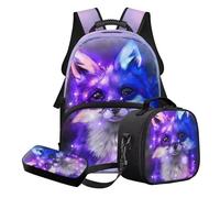 STUOARTE Ensemble cartable 3 pièces pour garçons et filles - Ensemble sac à dos d'école léger avec boîte à déjeuner et trousse à crayons, Violet et bleu - Renard, Ensemble cartable