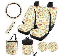STUOARTE Ensemble de housses intérieures de voiture imprimées à fleurs pour femmes, housses de banquette avant et arrière douces pour voitures, protection de volant, poubelle, sac de rangement sur la