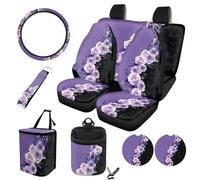STUOARTE Ensemble de housses intérieures de voiture imprimées roses pour femmes, housses de banquette avant et arrière douces pour voitures, protection de volant, poubelle, sac de rangement sur la