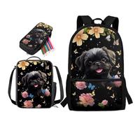 STUOARTE Ensemble sac à dos 3 pièces pour enfants pour école primaire et secondaire, grand cartable de 43,2 cm avec boîte à déjeuner et trousse à crayons, Shih Tzu Fleur Papillon Noir