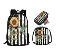 STUOARTE Ensemble sac à dos avec sac à déjeuner, sac à dos d'école, sac à dos léger avec trousse à crayons, pour garçons et filles, 3 pièces, Drapeau américain colibri tournesol blanc et noir, taille