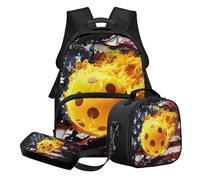 STUOARTE Ensemble sac à dos d'école 3 pièces pour adolescents garçons avec boîte à déjeuner et trousse à crayons, cadeau de rentrée scolaire, Jaune et rouge - Drapeau américain Fire Pickleball