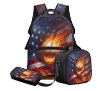 STUOARTE Ensemble sac à dos d'école 3 pièces pour adolescents garçons avec boîte à déjeuner et trousse à crayons, cadeau de rentrée scolaire, Orange et bleu - Drapeau américain Fire Soccer, Ensemble