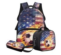 STUOARTE Ensemble sac à dos d'école 3 pièces pour adolescents garçons avec boîte à déjeuner et trousse à crayons, cadeau de rentrée scolaire, Rouge et orange - Drapeau américain Fire Soccer, Ensemble